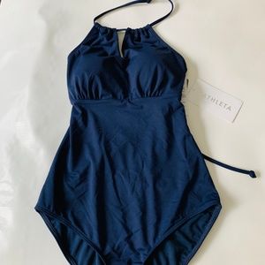 NWT! ATHLETA High Neck Keyhole Blue Bathing Suit S